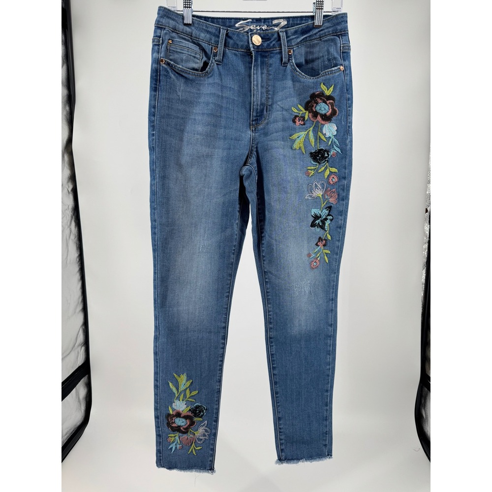 Seven7 Womens Floral Embroidered Skinny Jeans Medium Wash Raw Hem High Rise - Picture 3 of 11